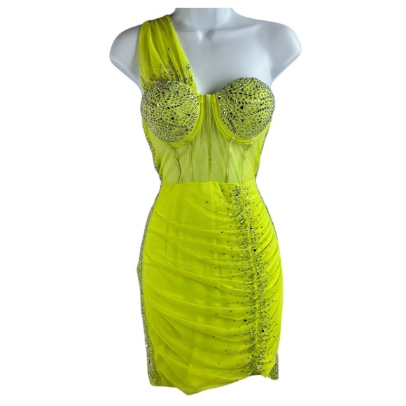 Banjul Dresses & Skirts - Banjul Neon Lime Green Corset Mini Dress Sz XS/S One Shoulder Rhinestone Beaded